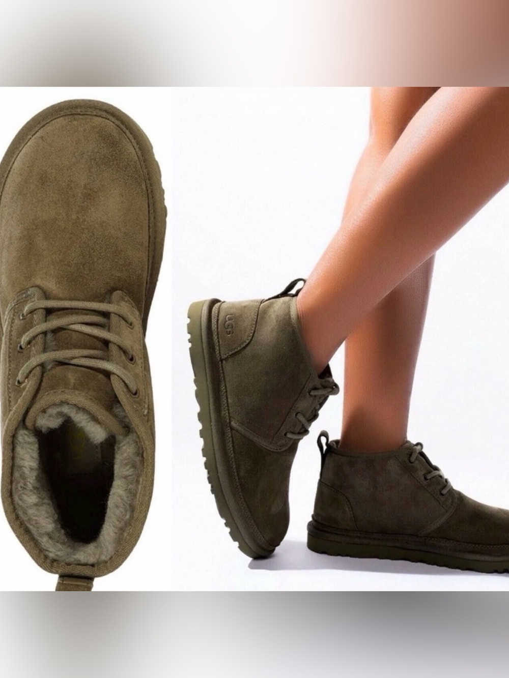 UGG Olive green Neumel Chukka Boot with a lace-up front and soft wool lining